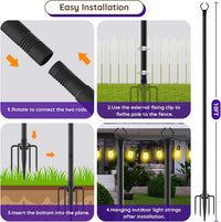 String Light Pole Metal 3m Rustproof Hanging Light Support with Hooks â 6-Pack