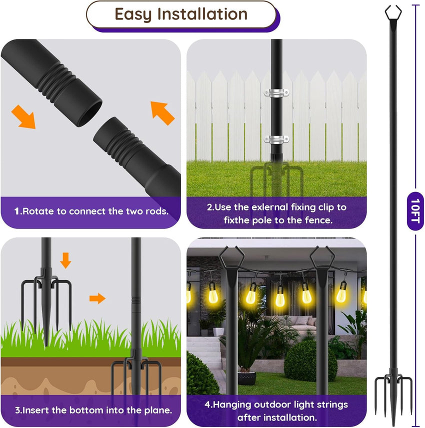 String Light Pole Metal 3m Rustproof Hanging Light Support with Hooks â 6-Pack