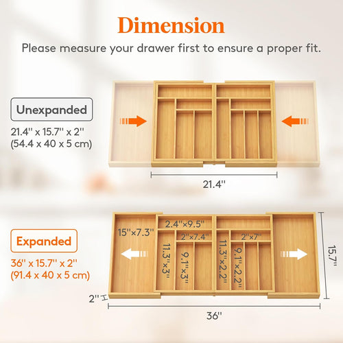 Lifewit Bamboo Extra Large Cutlery Drawer Organiser, Expandable to 36 Inches Cutlery Tray for Kitchen, Adjustable Silverware and Flatware Holder, Plastic Utensil Storage for Spoons Forks Knives