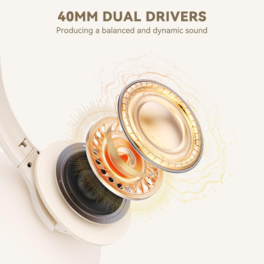 Over-Ear Bluetooth Headphones 65H Playtime Foldable Lightweight Deep Bass Stereo with Mic Beige