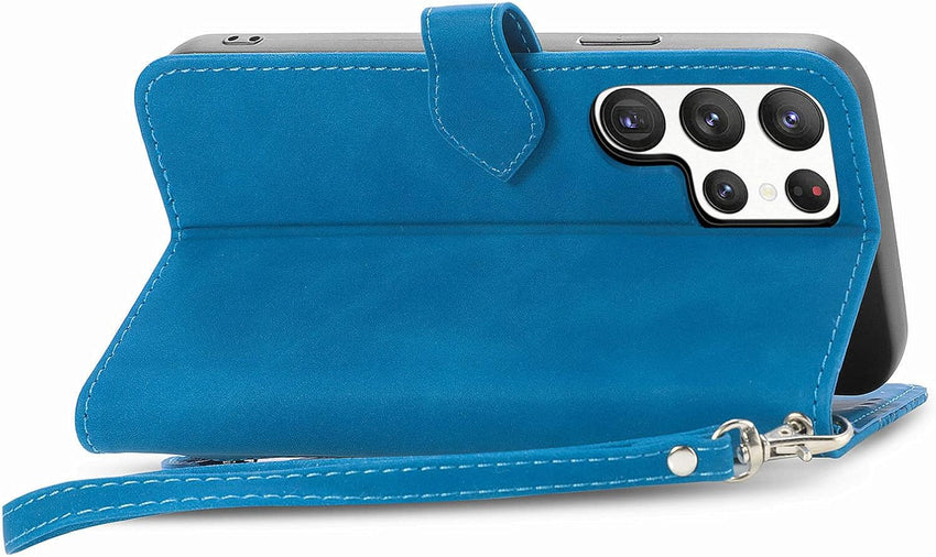 NEXCURIO Zip Wallet Case Compatible with Samsung Galaxy S23 Ultra 5G Phone Case Wallet with Credit Card Holder Strap Stand Women Leather Flip Case Floral Folding Cover Shockproof - Blue