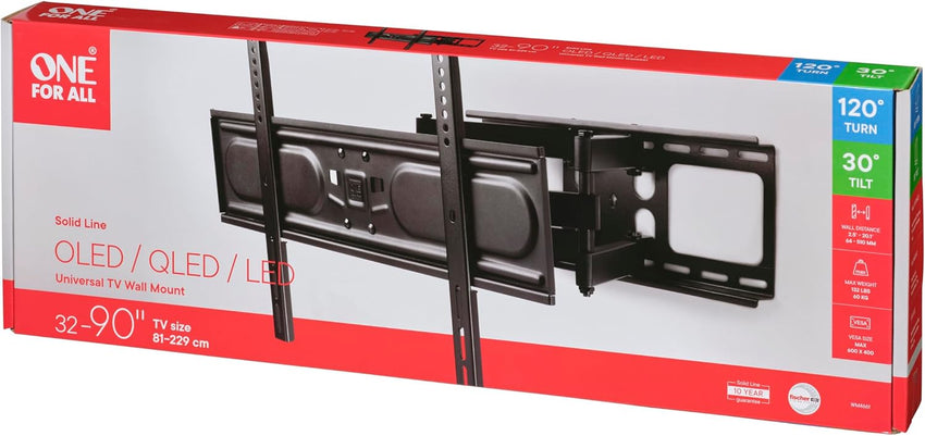 One For All - Full Motion TV Bracket - Swivel (120^0) Tilt (20^0) Wall Mount - Screen size 32-90 Inch - Max Weight 60kg - VESA 200x200 to 600x400 - Black