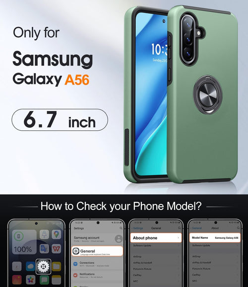AOUIA for Samsung Galaxy A56 5G Case with 2 Pack Screen Protector, Military Protection Shockproof Samsung A56 5G Phone Case with 360^0 Rotating Ring Kickstand for Samsung A56, Alpine Green