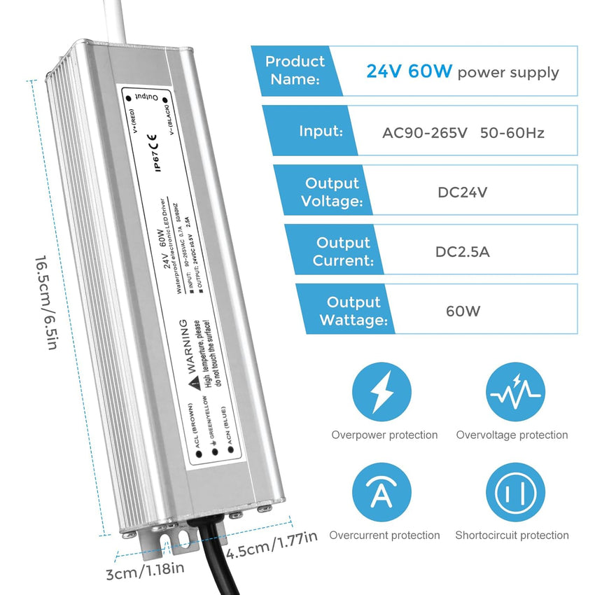 LightingWill 24V 2.5A 60W Power Supply IP67, Outdoor Waterproof LED Driver With Plug, AC 240V to DC 24 Volt Transformer for LED Lighting, CCTV, Computer Project