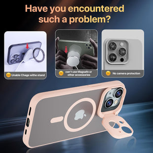 GOODVISH Newest Magnetic Case for iPhone 14 Case/iPhone 13 Case Compatible with Magnetic [Magic Camera Stand+2 Screen Protector] All-in-1 Shockproof Slim Hard Translucent Matte Phone Case Cover, Pink