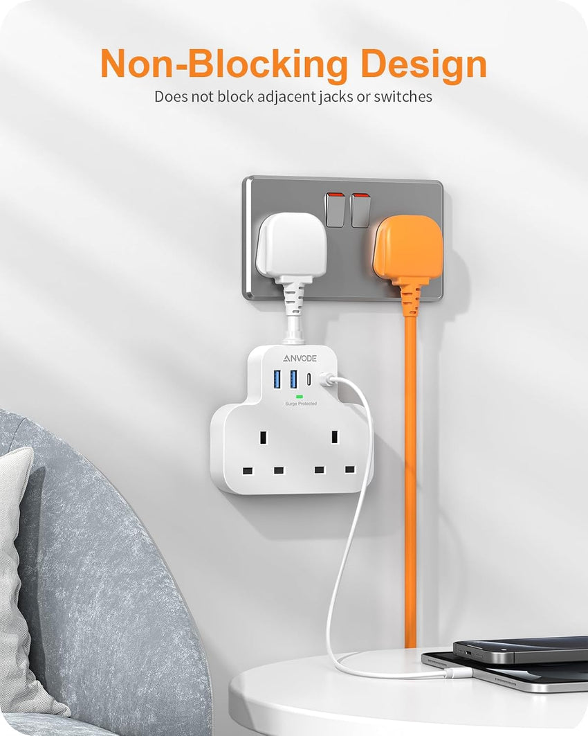 Multi Plug Extension Socket with 4 USB Ports, ANVODE 2 Way Plug Adaptor with Flexible Cable, Short Extension Lead Double Adapter Plug UK for Bedroom, Office, Kitchen. White