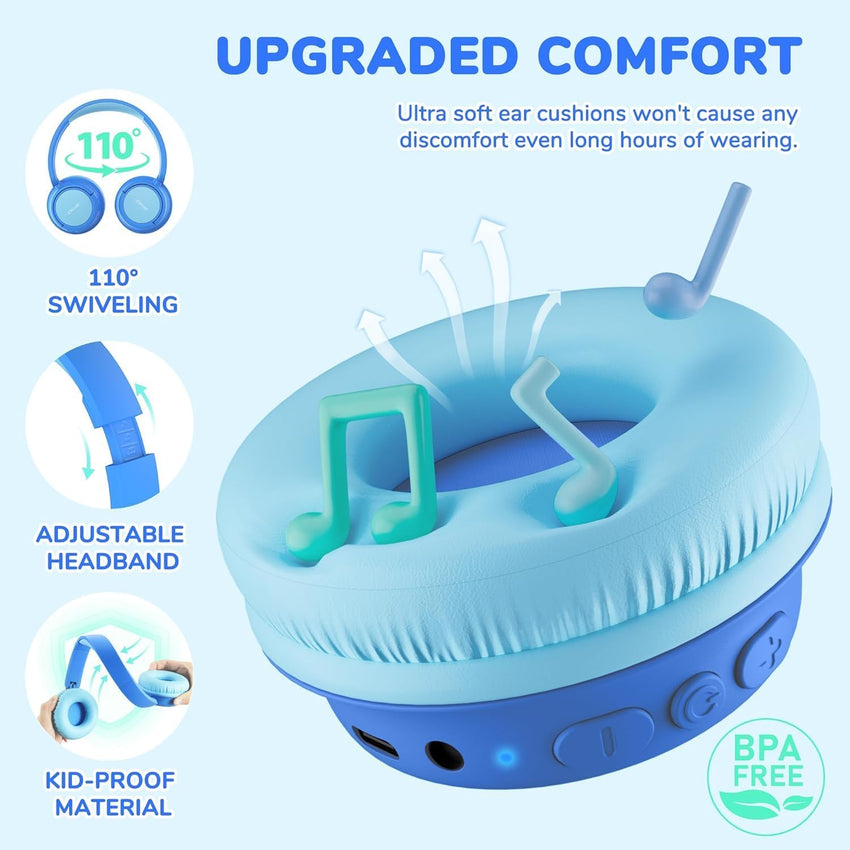 iClever BTH22 Kids Headphones Wireless, 60H Play Time, 74/85 dBA Safe Volume, Bluetooth 5.4, Over Ear Kids Bluetooth Toddler Headphones with Mic AUX Cord for iPad/Tablet/Trave/School