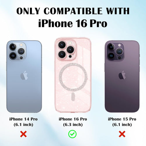 Newseego Magnetic Phone Case for iPhone 16 Pro [Compatible with Magsafe], Clear Shiny Glitter Girls Women Screen Camera Shockproof Protection Bumper Dustproof Cover for iPhone 16 Pro-Pink