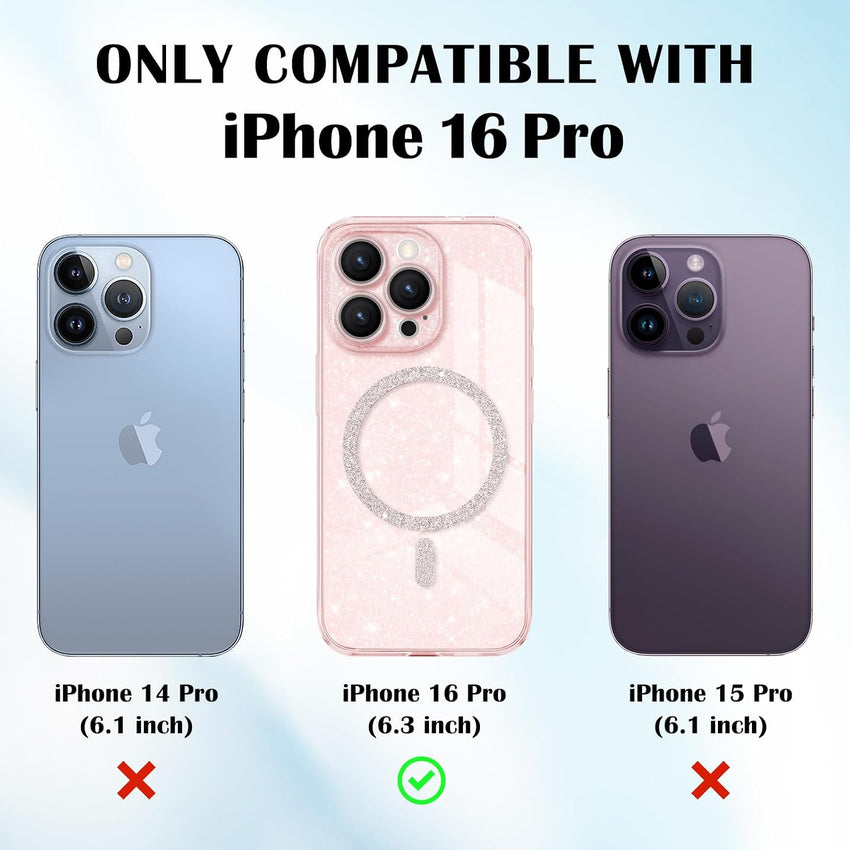 Newseego Magnetic Phone Case for iPhone 16 Pro [Compatible with Magsafe], Clear Shiny Glitter Girls Women Screen Camera Shockproof Protection Bumper Dustproof Cover for iPhone 16 Pro-Pink