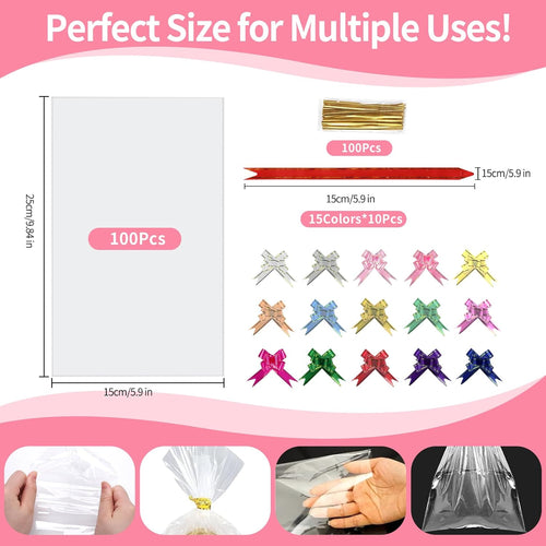 Cellophane Bags 100 Pack Clear Flat Pockets 15x25cm â Includes 150 Colourful Pull Bows