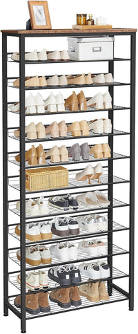 HOOBRO Shoe Rack Tall, Large Capacity Shoe Storage Organizer, 12-Tier Shoe Rack for 44-55 Pairs of Shoes, 75 x 28.5 x 194.5cm, Adjustable Metal Shelves, Shoe Storage Unit, Rustic Brown EBF51XJ01