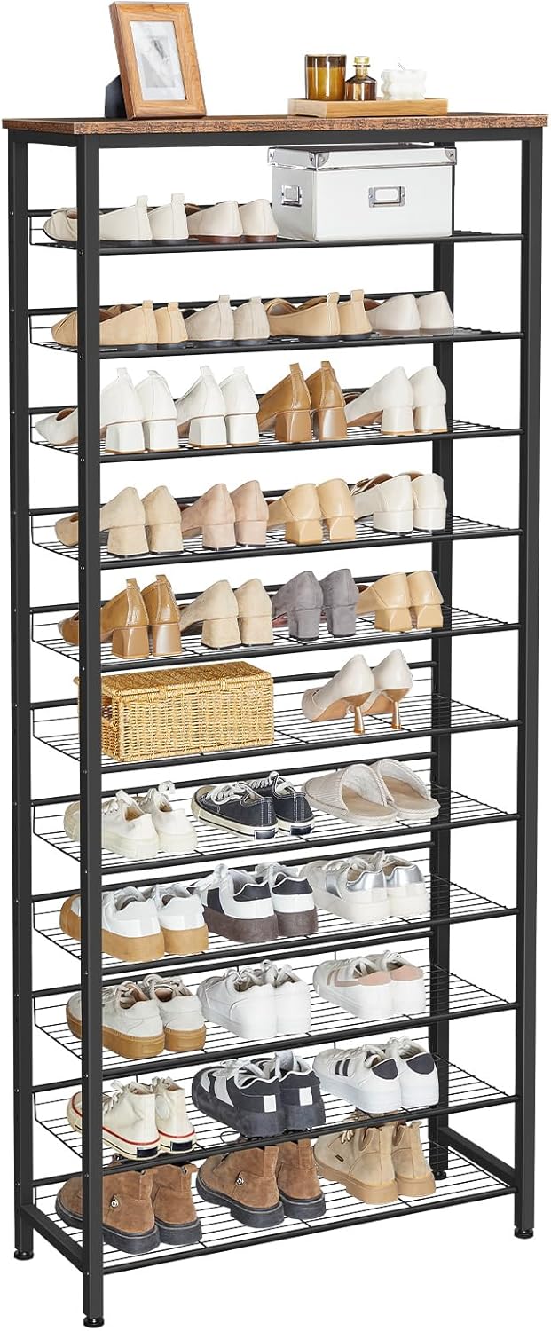 HOOBRO Shoe Rack Tall, Large Capacity Shoe Storage Organizer, 12-Tier Shoe Rack for 44-55 Pairs of Shoes, 75 x 28.5 x 194.5cm, Adjustable Metal Shelves, Shoe Storage Unit, Rustic Brown EBF51XJ01