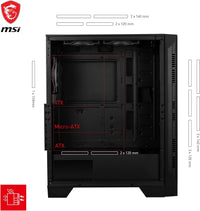 MSI Forge 120A Airflow mag cabinet with RGB window, Midi-Tower, ATX/Micro-ATX/Mini-ITX, USB 3.2, no source, 6 RGB fans installed, Black
