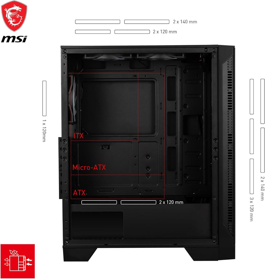 MSI Forge 120A Airflow mag cabinet with RGB window, Midi-Tower, ATX/Micro-ATX/Mini-ITX, USB 3.2, no source, 6 RGB fans installed, Black