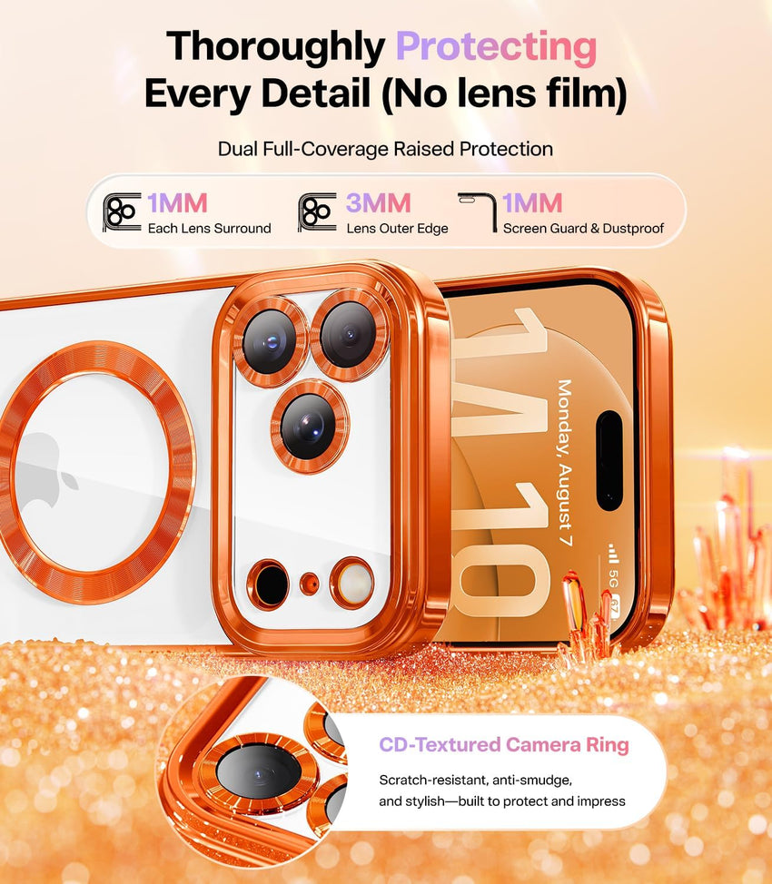 Meifigno Designed for iPhone 17 Pro Max Case 6.9", [Glitter Card & Wrist Strap] [Compatible with MagSafe] [2X HD Screen Protectors] Surround Raised Lens Protection for 17 Pro Max Case, Orange