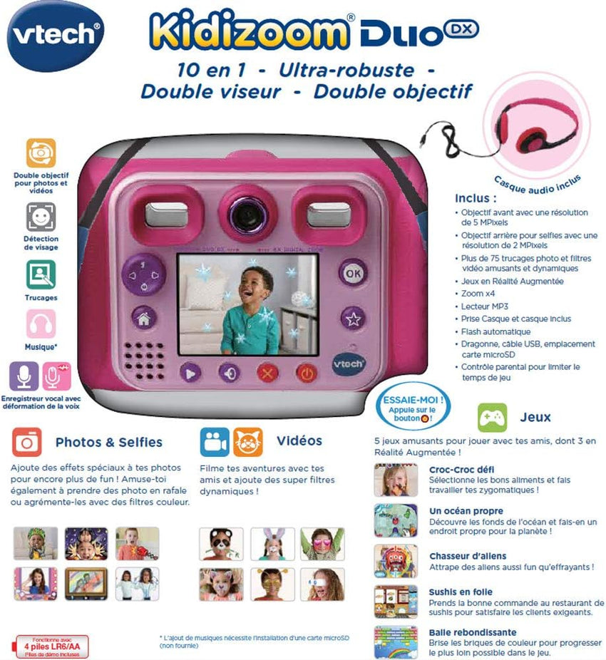 VTech - KidiZoom Duo DX Pink, 10-in-1 Digital Camera for Children, Photo, Selfie, Video, Colour Screen, MP3 Player, Audio Headphones, Gift for Children from 3 to 12 Years