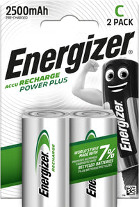 Energizer Recharge Power Plus - Rechargeable C Batteries (2 Pack) - 2500 mAh NiMH Battery - Toys, Radios, Torches - 100% Recyclable Plastic Free Packaging