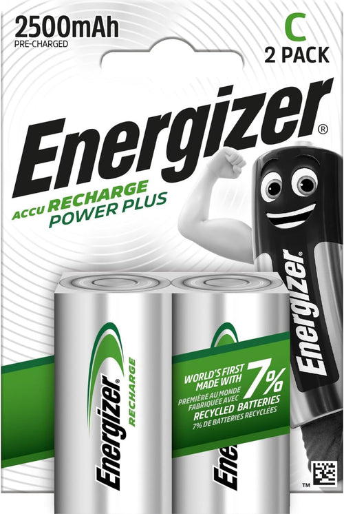 Energizer Recharge Power Plus - Rechargeable C Batteries (2 Pack) - 2500 mAh NiMH Battery - Toys, Radios, Torches - 100% Recyclable Plastic Free Packaging