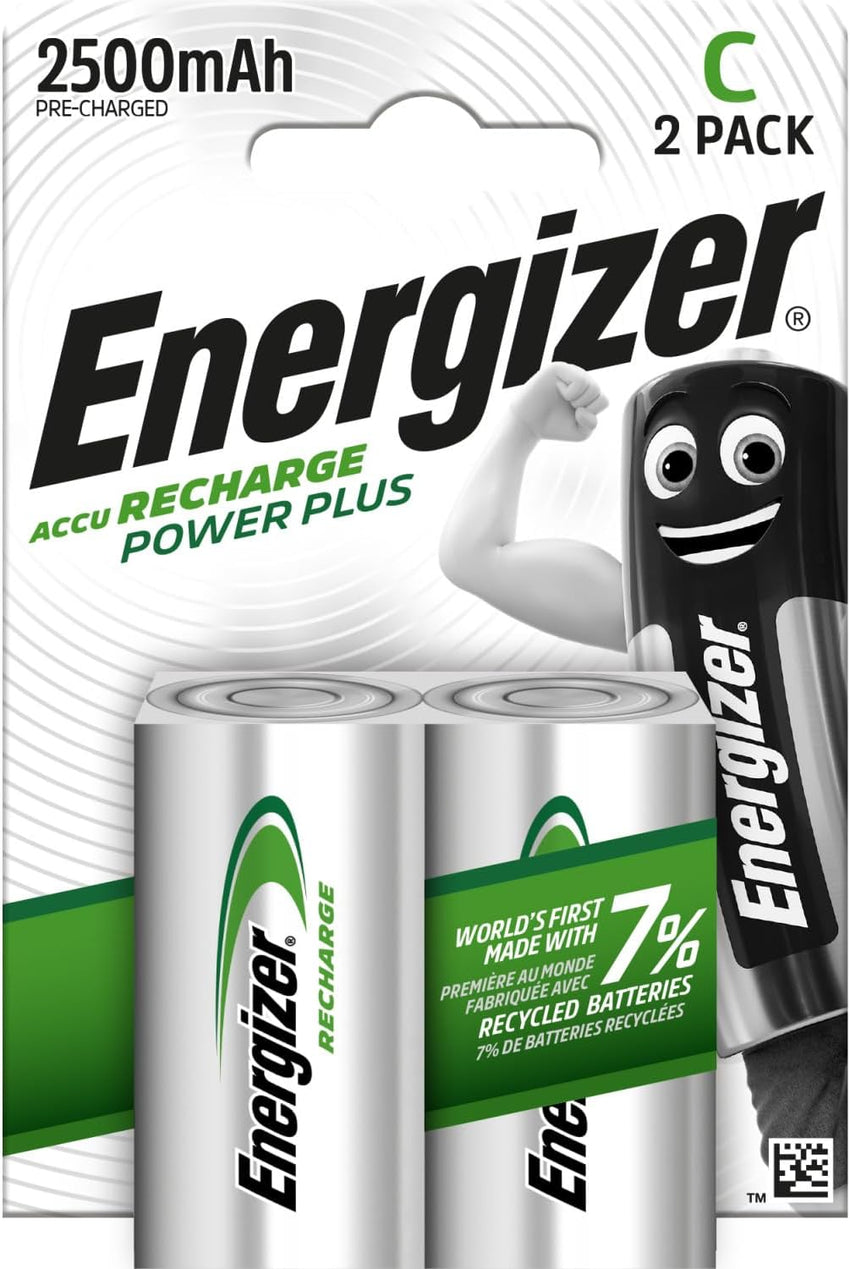 Energizer Recharge Power Plus - Rechargeable C Batteries (2 Pack) - 2500 mAh NiMH Battery - Toys, Radios, Torches - 100% Recyclable Plastic Free Packaging