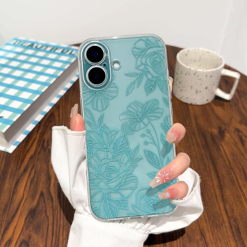 NITITOP Compatible with iPhone 16 Plus Case Cute Clear Green Flower Floral Line Design for Women Girls Transparent Full Camera Slim Soft TPU Shockproof Protective Phone Cover - Green