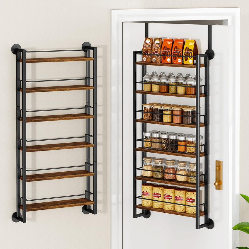 6-Tier Wall-Mounted Spice Rack Door Organizer with Shelves Brown