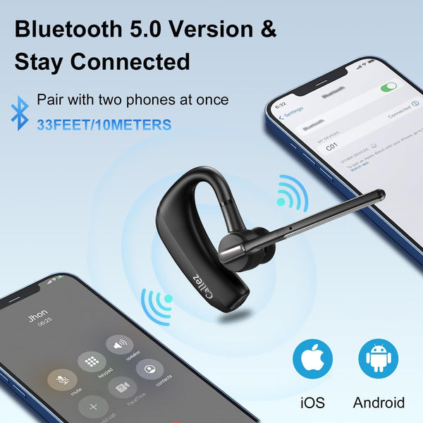 Callez Bluetooth Headset for iPhone Android Mobile Phone, Single Ear Bluetooth Earpiece V5.0 Handsfree with CVC8.0 Dual Mic ENC Noise Cancelling for Trucker Business Office Work