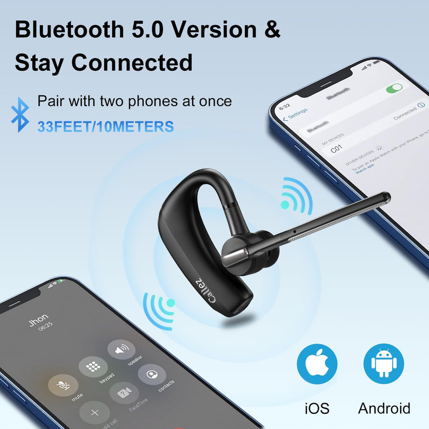 Callez Bluetooth Headset for iPhone Android Mobile Phone, Single Ear Bluetooth Earpiece V5.0 Handsfree with CVC8.0 Dual Mic ENC Noise Cancelling for Trucker Business Office Work