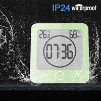 ALLOMN Bathroom Clock, LCD Digital Shower Clock Alarm Waterproof Touch Control Ã¢âÆ/Ã¢ââ° Temperature Humidity, Count Down Timer, 3 Mounting Methods, Battery Power (Green)