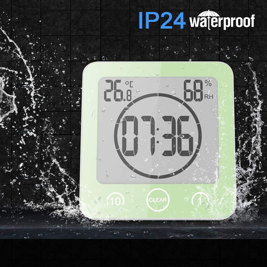 ALLOMN Bathroom Clock, LCD Digital Shower Clock Alarm Waterproof Touch Control Ã¢âÆ/Ã¢ââ° Temperature Humidity, Count Down Timer, 3 Mounting Methods, Battery Power (Green)