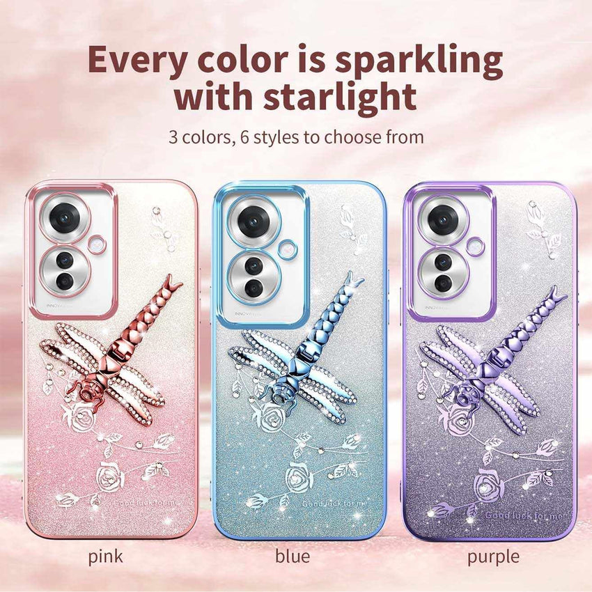Transparent Glitter Case for Oppo Reno11 F 5G / Reno 11F 5G, Ultra Thin Glitter Bling TPU Shockproof Mobile Phone Case, Shiny Flowers Dragonfly Stand Girl Protective Case Pink
