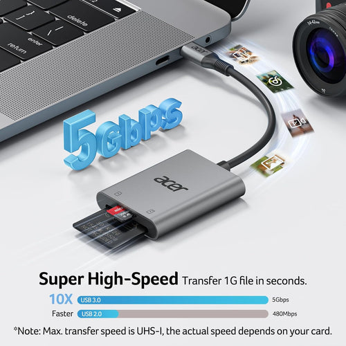 Acer USB-C SD Card Reader, High Speed Type-C Micro SD Card Adapter, USBC External Memory Card Reader SDXC, Micro SDXC Card, Compatible with MacBook Pro/Air, Acer Laptop, iPhone 16, Camera, and More