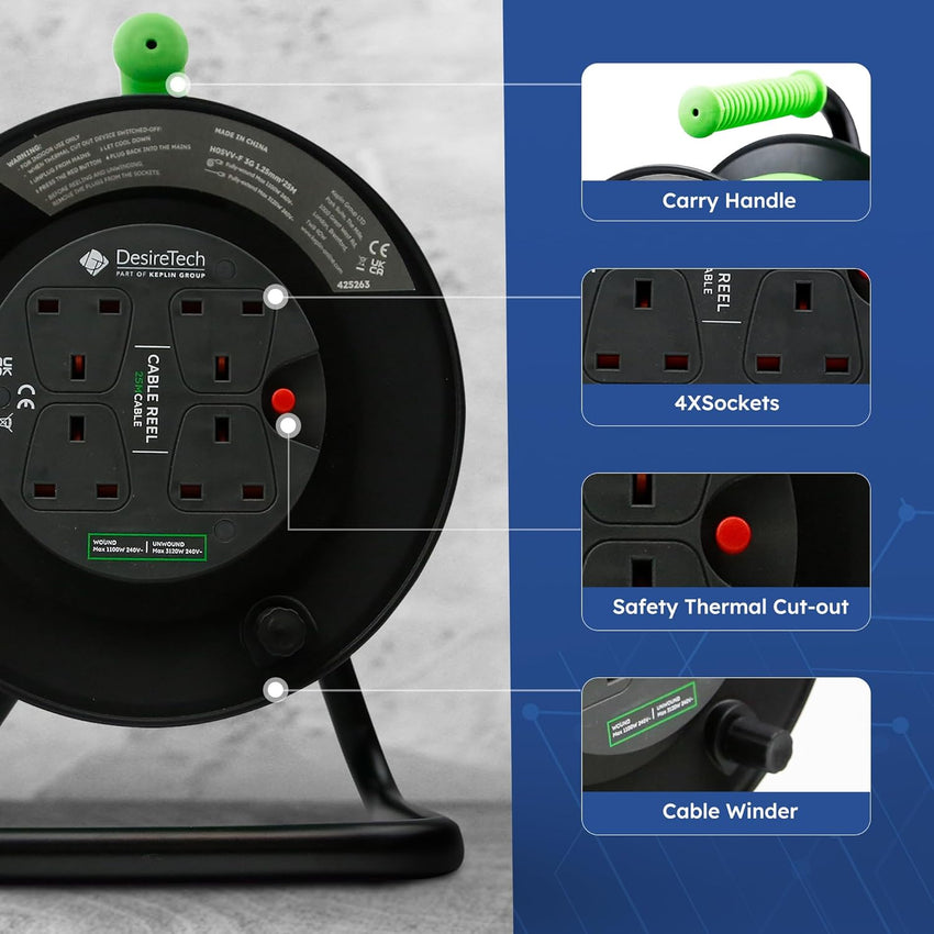 Desiretech - 4 Socket Extension Lead - 25m Portable Cable Reel - Thermal Cut Out, Ergonomic Handle, Green/Black - Heavy Duty Extension Cord for Indoor Use (25 Metre)