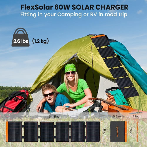 FlexSolar 60W Solar Panel Foldable Portable Solar Charger with USB-C USB-A and DC Outputs IP67 Waterproof Power Emergency Camping for Small Power Station Generator Phones Power Banks Tablets