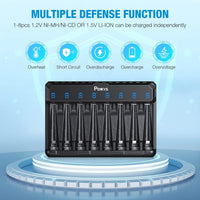 POWXS LED 8-slot Battery Charger for AA&AAA NI-MH NI-CD Lithium Rechargeable Batteries, Upgrade Intelligent AA AAA Battery Charger Type C and Micro USB Input, Fast Charging Function