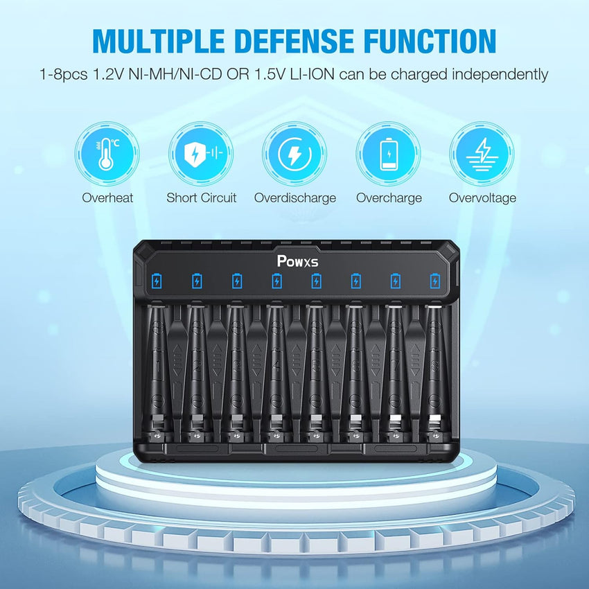 POWXS LED 8-slot Battery Charger for AA&AAA NI-MH NI-CD Lithium Rechargeable Batteries, Upgrade Intelligent AA AAA Battery Charger Type C and Micro USB Input, Fast Charging Function