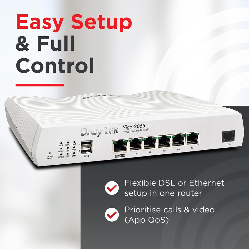 DrayTek Vigor 2865 Ethernet Router, VPN Firewall, VDSL2 35b/ADSL2+ Dual-WAN, Integrated VDSL modem, VoIP, Small Business (Router)