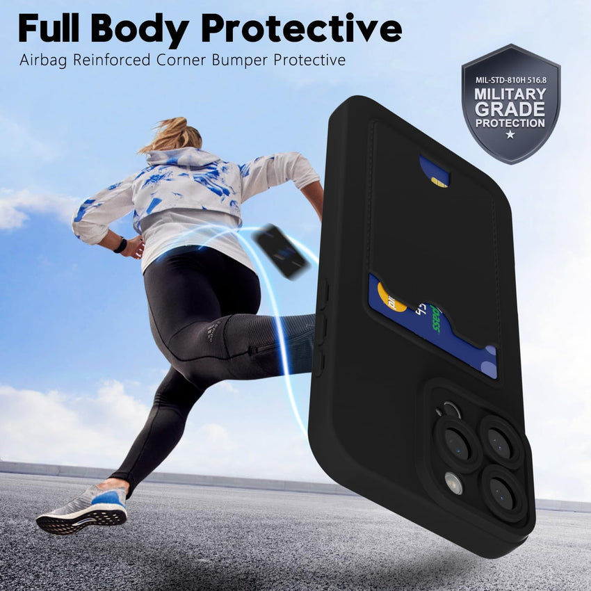 oakxco for iPhone 16 Pro Max Case with Card Holder, Cute Silicone Wallet Phone Case with Credit Card Slot, Soft Rubber Thin Slim Purse for Women Men with Shockproof Camera Cover Protection, Black