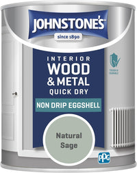 Johnstone's Quick Dry Nondrip Eggshell Paint for Wood & Metal Low Odour 12mÂ²/L â Natural Sage 750ml