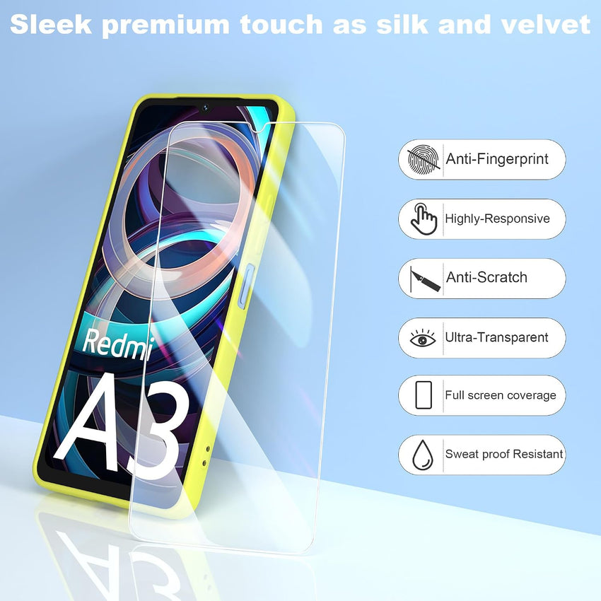BUTISHIYU Case Compatible with Xiaomi Redmi A3 4G with 1 Tempered Glass Screen Protector, Silicone Slim Fit Shockproof Anti-Scratch Case for Xiaomi Redmi A3 4G - Yellow