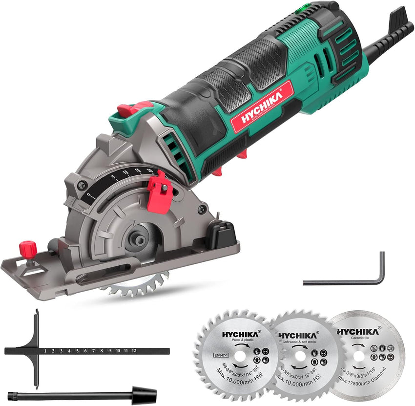 HYCHIKA Mini Circular Saw, with 3pcs Blades (85mm), Scale Ruler, 500W Pure Copper Motor, 4500RPM Ideal for Wood, Soft Metal, Tile and Plastic Cuts