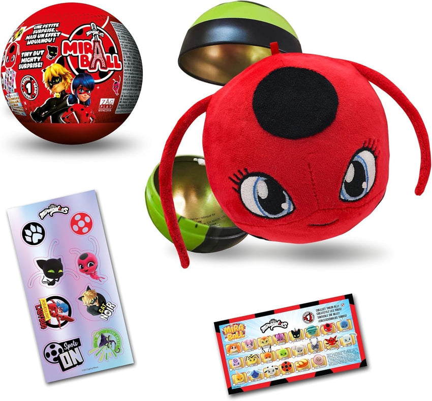 Miraculous Ladybug Age 3+, 4-1 Capsule Collectible Toy, Surprise Miraball with expanding Plush Kwami, Collectible Character Metal Case, Glittery Stickers & hanging Display Ribbon