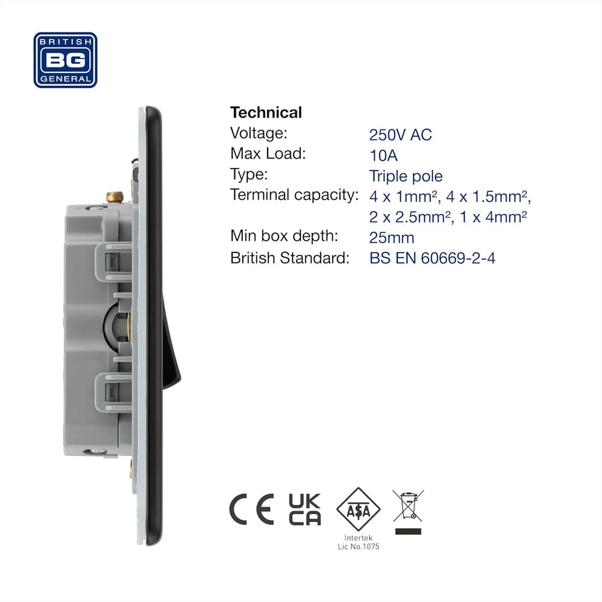 BG Fan Isolator Switch Triple Pole 10A - Matt Black
