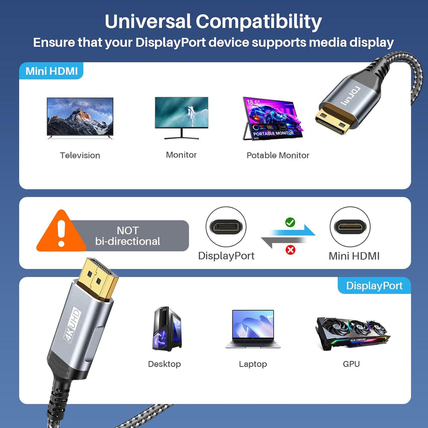 LDLrui DisplayPort to Mini HDMI Cable 1.5m [Bend Resistant, High-Speed] Supports 3840x2160/4K@60Hz, 2K@120Hz Video UHD for Desktop, Laptop, Portable Monitor,AMD, NVIDIA, ARZOPA, Projector,Mini PC