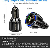 90W USB C Car Charger Adapter 3-Port Fast Car Charger Adapter, Cigarette Lighter USB Charger, Fast Car Charger Socket Compatible with iPhone, Android, Samsung Galaxy