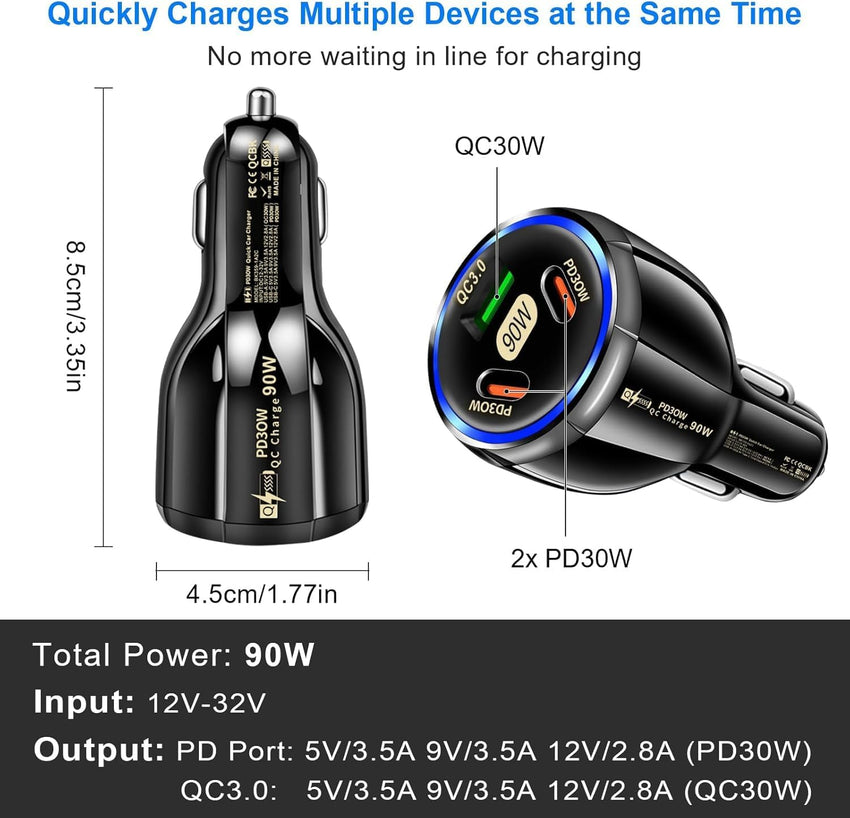 90W USB C Car Charger Adapter 3-Port Fast Car Charger Adapter, Cigarette Lighter USB Charger, Fast Car Charger Socket Compatible with iPhone, Android, Samsung Galaxy