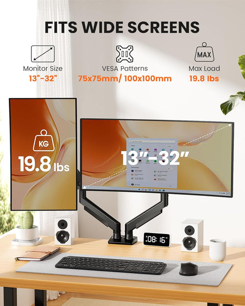 ErGear Dual Monitor Arm, Full Adjustable Monitor Mount for 13â32â³ Screens, Fast Install Computer Monitor Stand with Tool-Free VESA Mount, Max Load 19.8 lbs, Max VESA 100x100mm