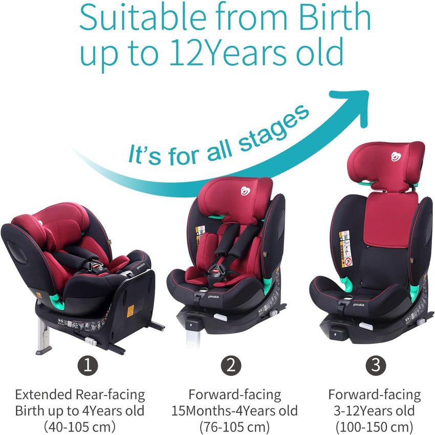 globalkids i-Size 360 Swivel Car Seat, Group 0+123 Car Seat with ISOFIX and Support Leg, ECE R129, 0-36 kg, 0-12years, 40cm-150cm, (Black Grey)