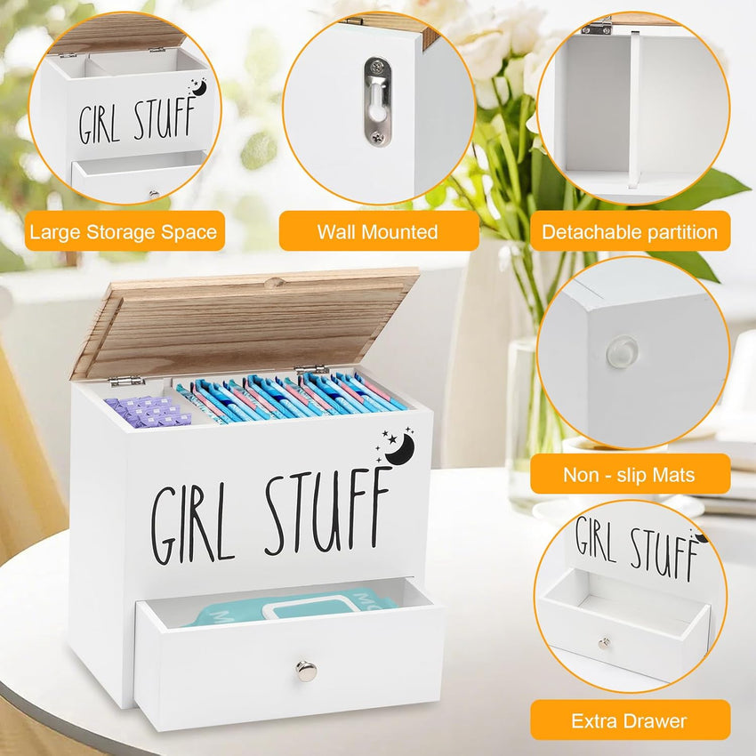 Tampon & Sanitary Pad Storage Box Wooden Organizer with Drawer & Lid â White