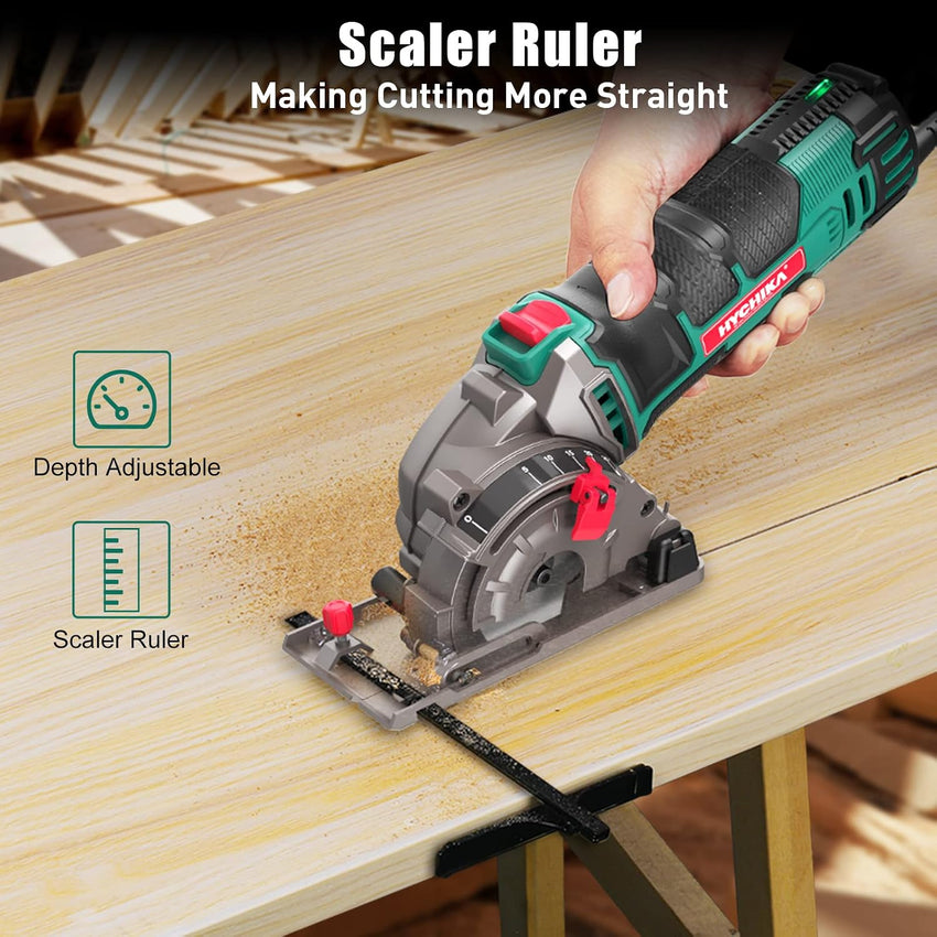 HYCHIKA Mini Circular Saw, with 3pcs Blades (85mm), Scale Ruler, 500W Pure Copper Motor, 4500RPM Ideal for Wood, Soft Metal, Tile and Plastic Cuts