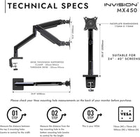 Invision Monitor Arm Bracket Mount READ DESC 24-40 Inch Screens VESA 75-100mm Ergonomic Height Adjustable Desktop Clamp Tilts Extends 2-15kg (MX450)